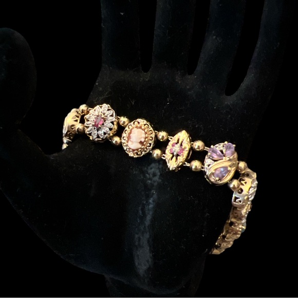 VINTAGE 14K YELLOW GOLD SLIDE BRACELET, GEMSTONES, GOLD BALL AND CHAIN SPACERS - Picture 12 of 17